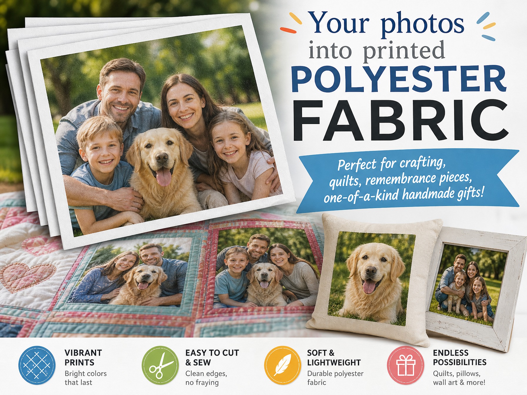 Your photos into printed polyester fabricâ€"perfect for crafting quilts, remembrance pieces, one-of-a-kind handmade gifts