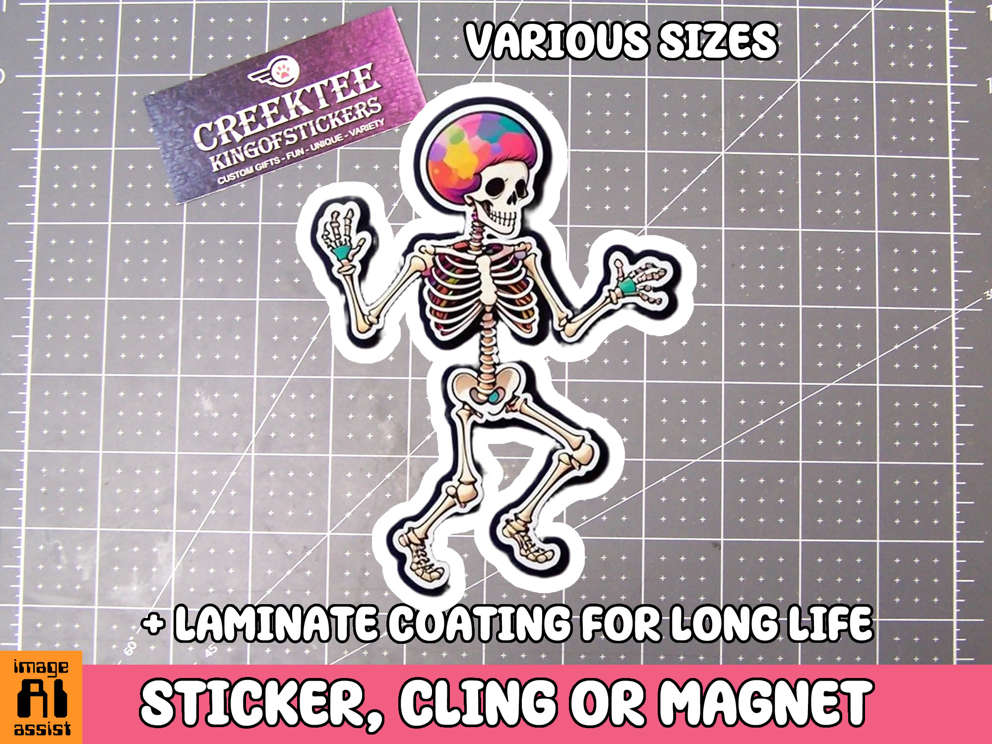 Skeleton Die Cut Vinyl Sticker  Window Cling or Magnet with Laminate Coating in Various Sizes