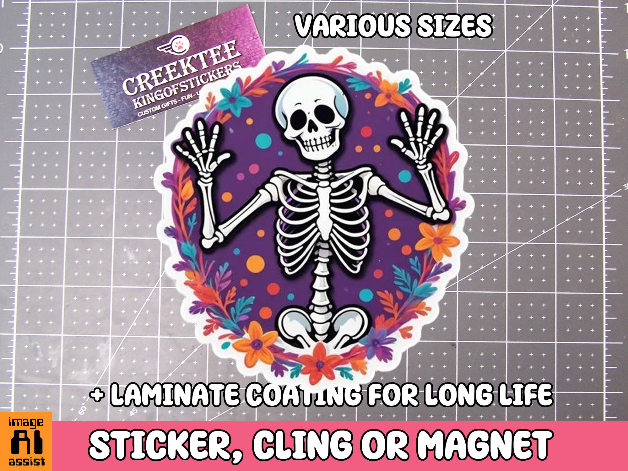 Skeleton Die Cut Vinyl Sticker  Window Cling or Magnet with Laminate Coating in Various Sizes