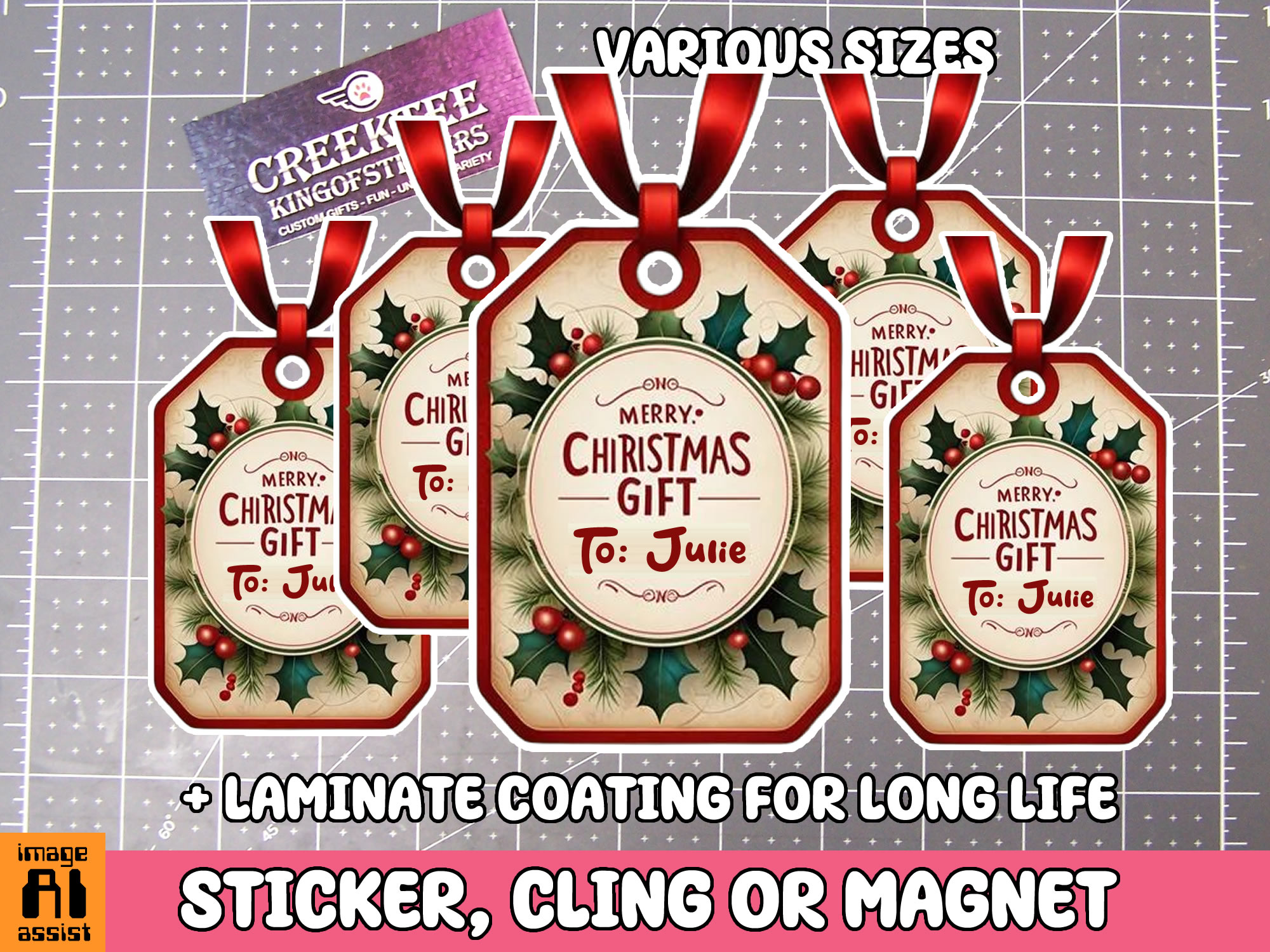 Merry Christmas Gift Tag Die Cut Vinyl Sticker  Window Cling or Magnet with Laminate Coating in Various Sizes