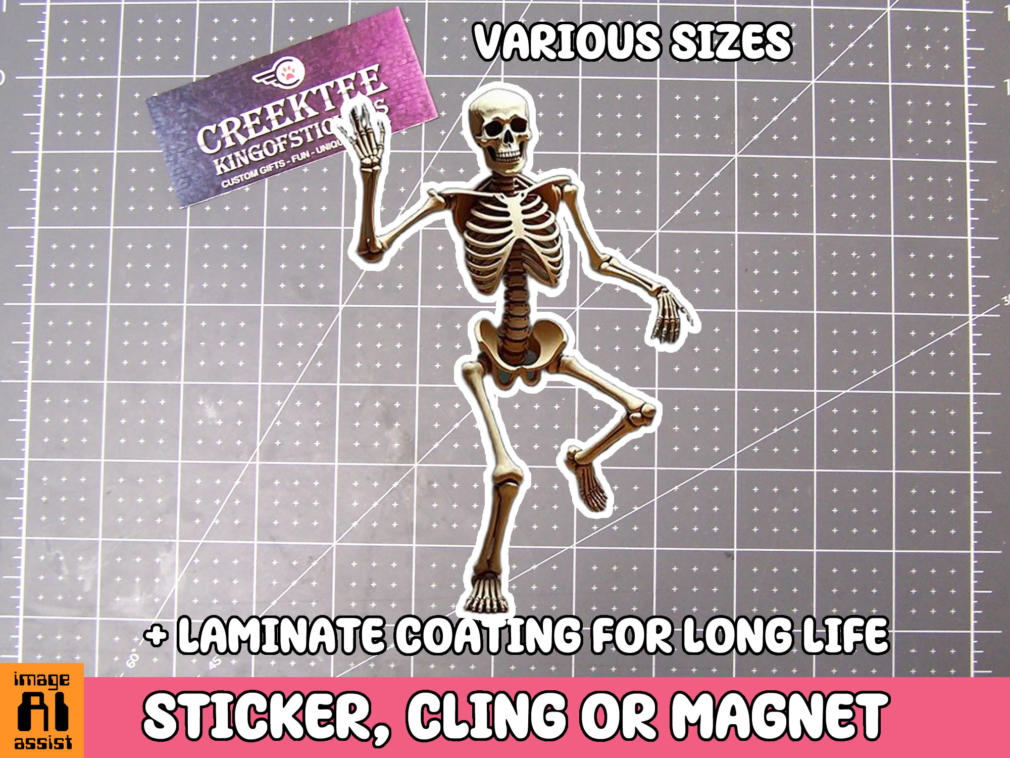 Skeleton Die Cut Vinyl Sticker  Window Cling or Magnet with Laminate Coating in Various Sizes