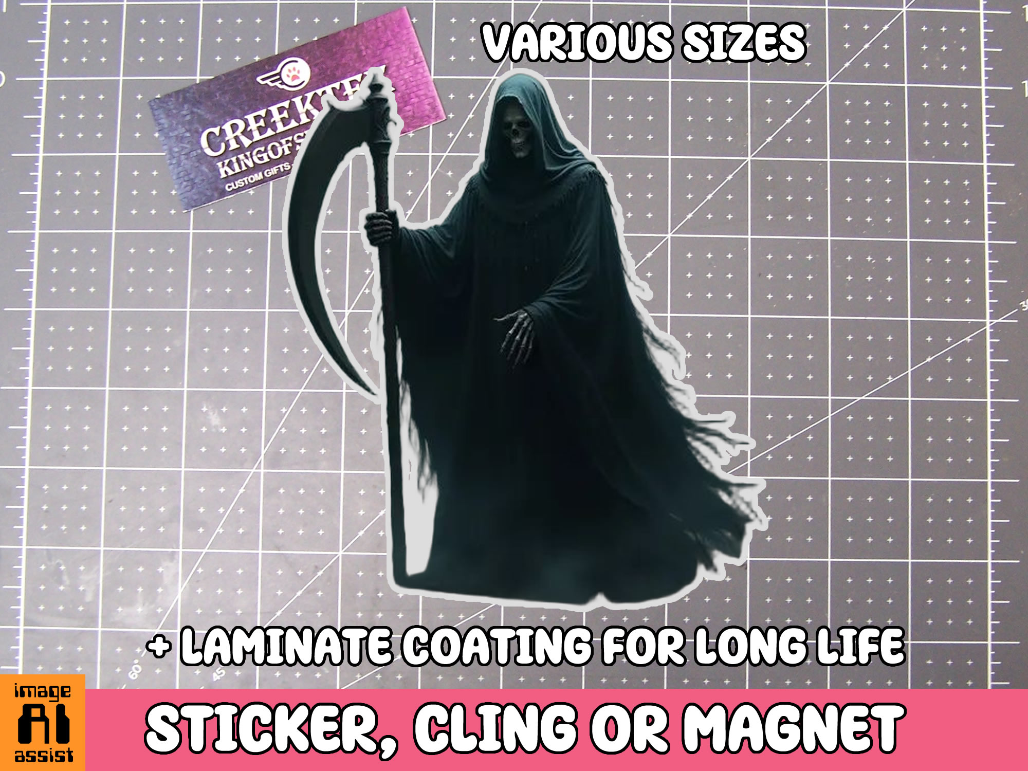 Grim Reaper Die Cut Vinyl Sticker  Window Cling or Magnet with Laminate Coating in Various Sizes