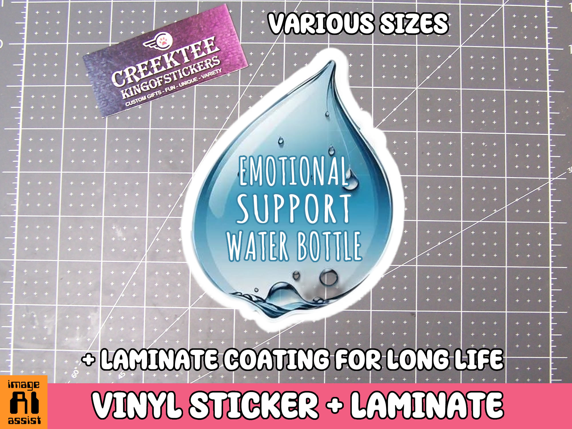 Emotional Support Water Bottle Die Cut Vinyl Sticker  Window Cling or Magnet with Laminate Coating in Various Sizes