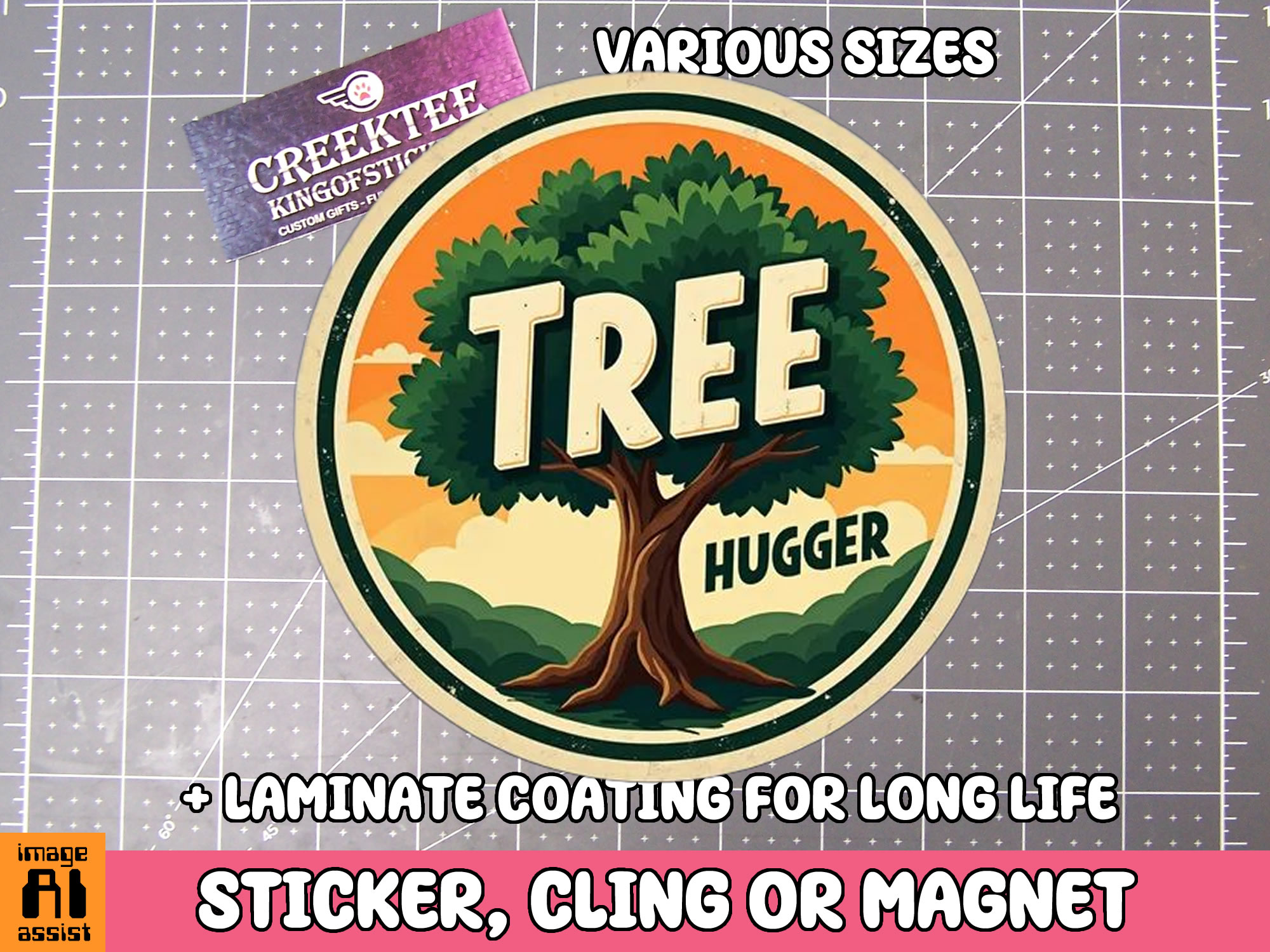 Tree Hugger Die Cut Vinyl Sticker  Window Cling or Magnet with Laminate Coating in Various Sizes