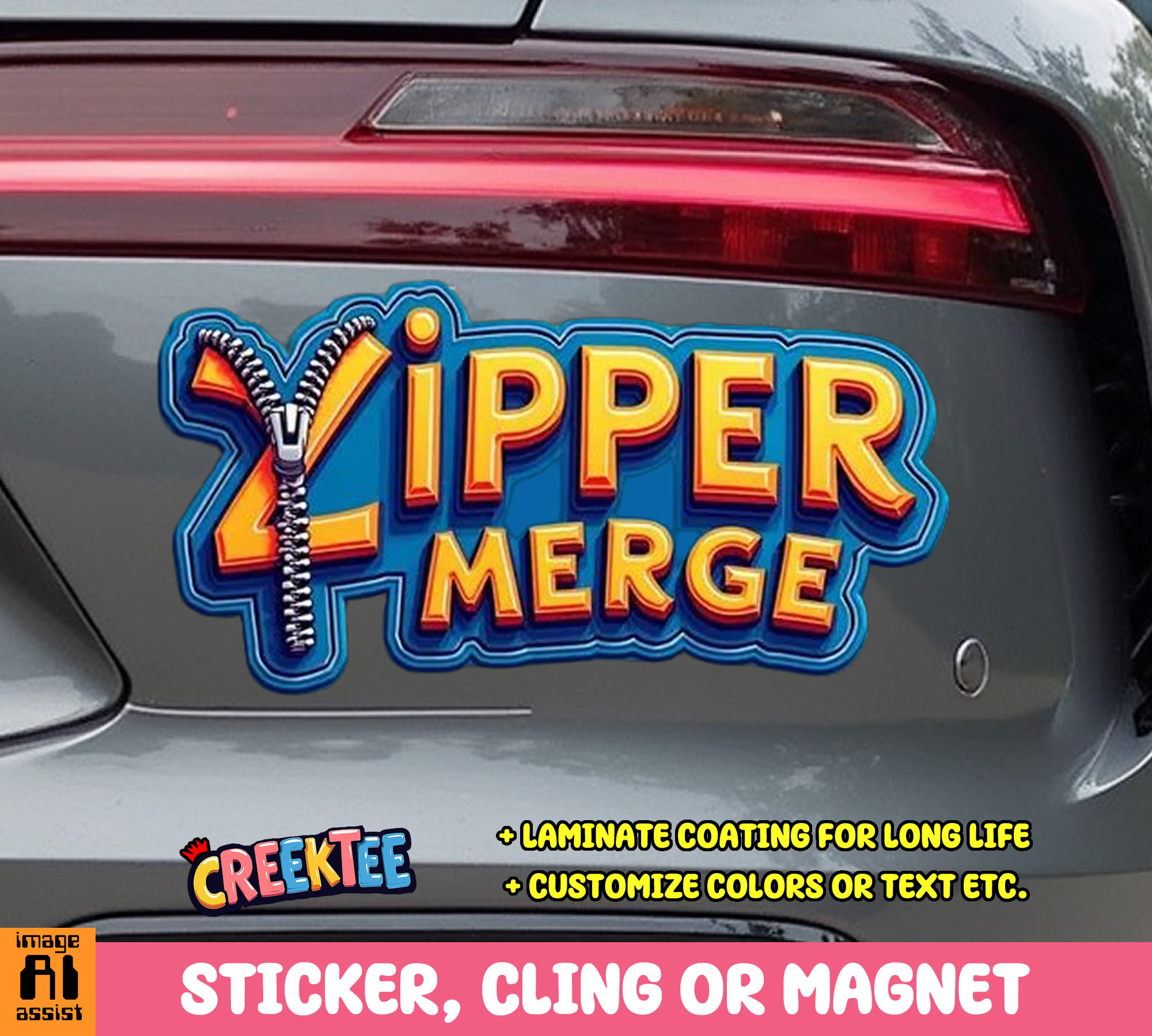 Zipper Merge Die Cut Vinyl Sticker  Window Cling or Magnet with Laminate Coating in Various Sizes
