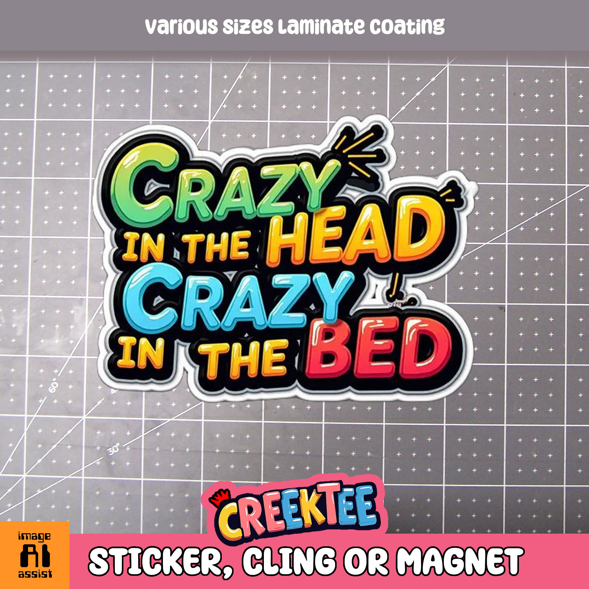 Crazy in the Head  Crazy in the Bed Die Cut Vinyl Sticker  Window Cling or Magnet with Laminate Coating in Various Sizes