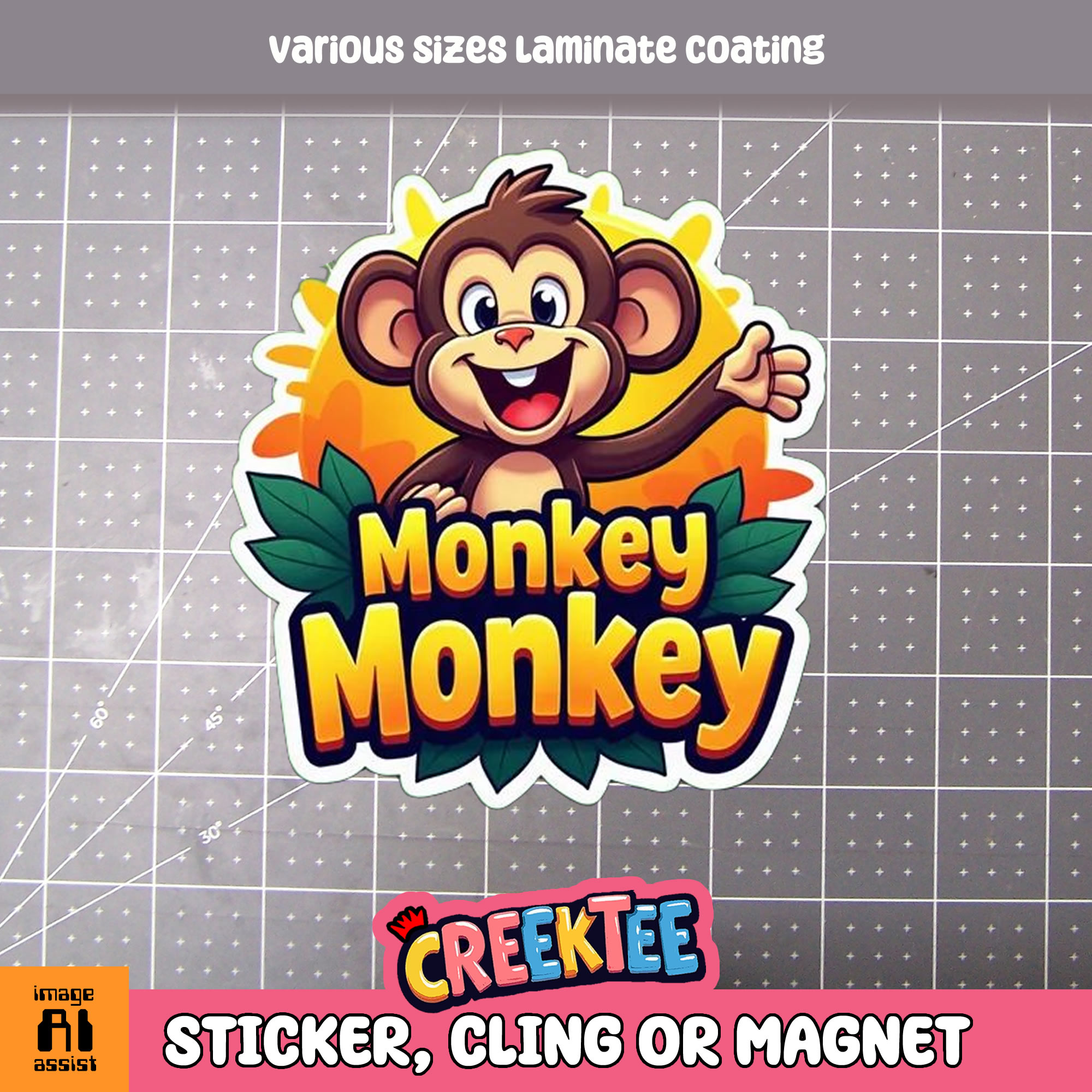 Monkey Monkey Die Cut Vinyl Sticker  Window Cling or Magnet with Laminate Coating in Various Sizes