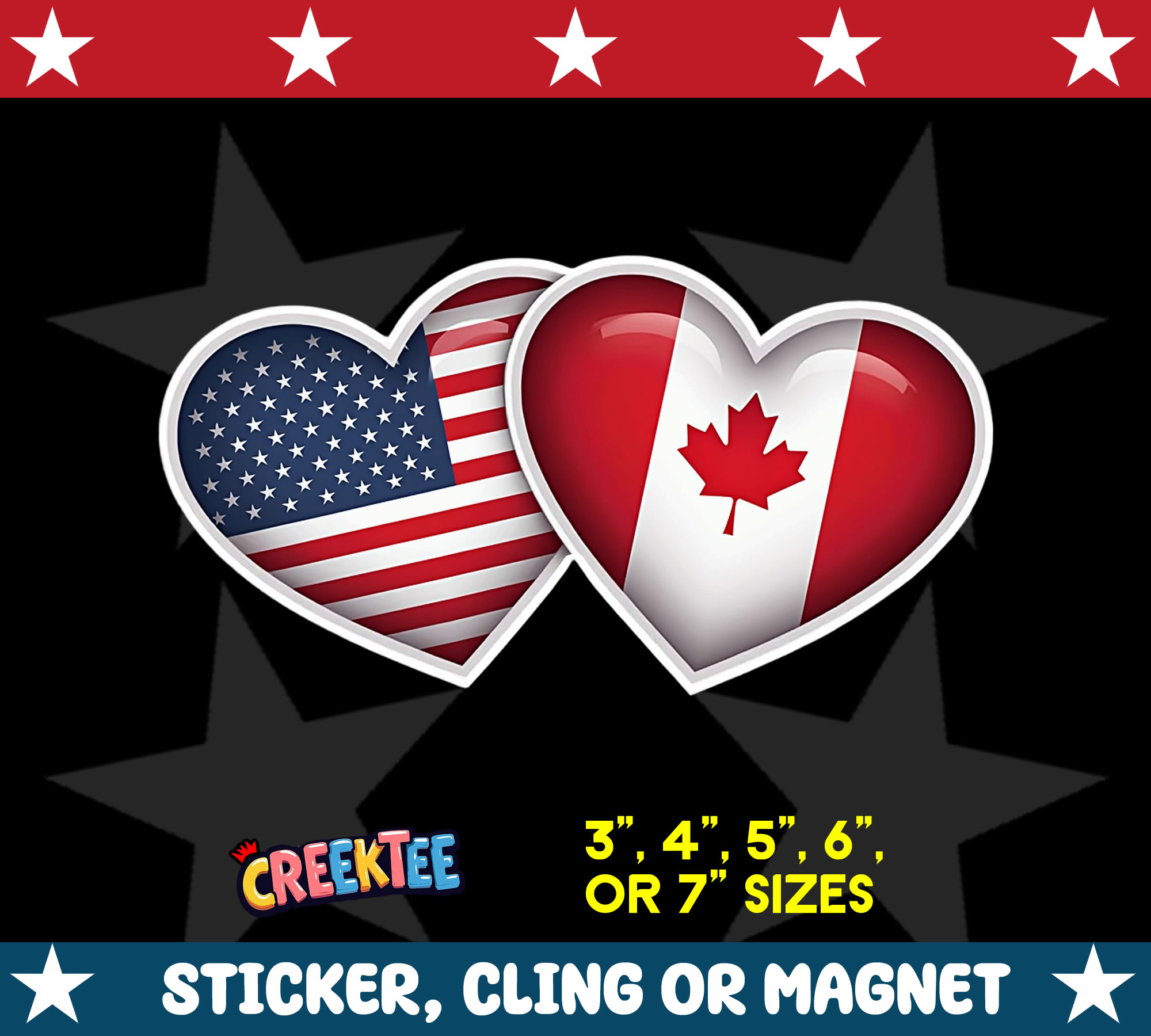 USA and Canada Heart Die Cut Vinyl Sticker  Window Cling or Magnet with Laminate Coating in Various Sizes