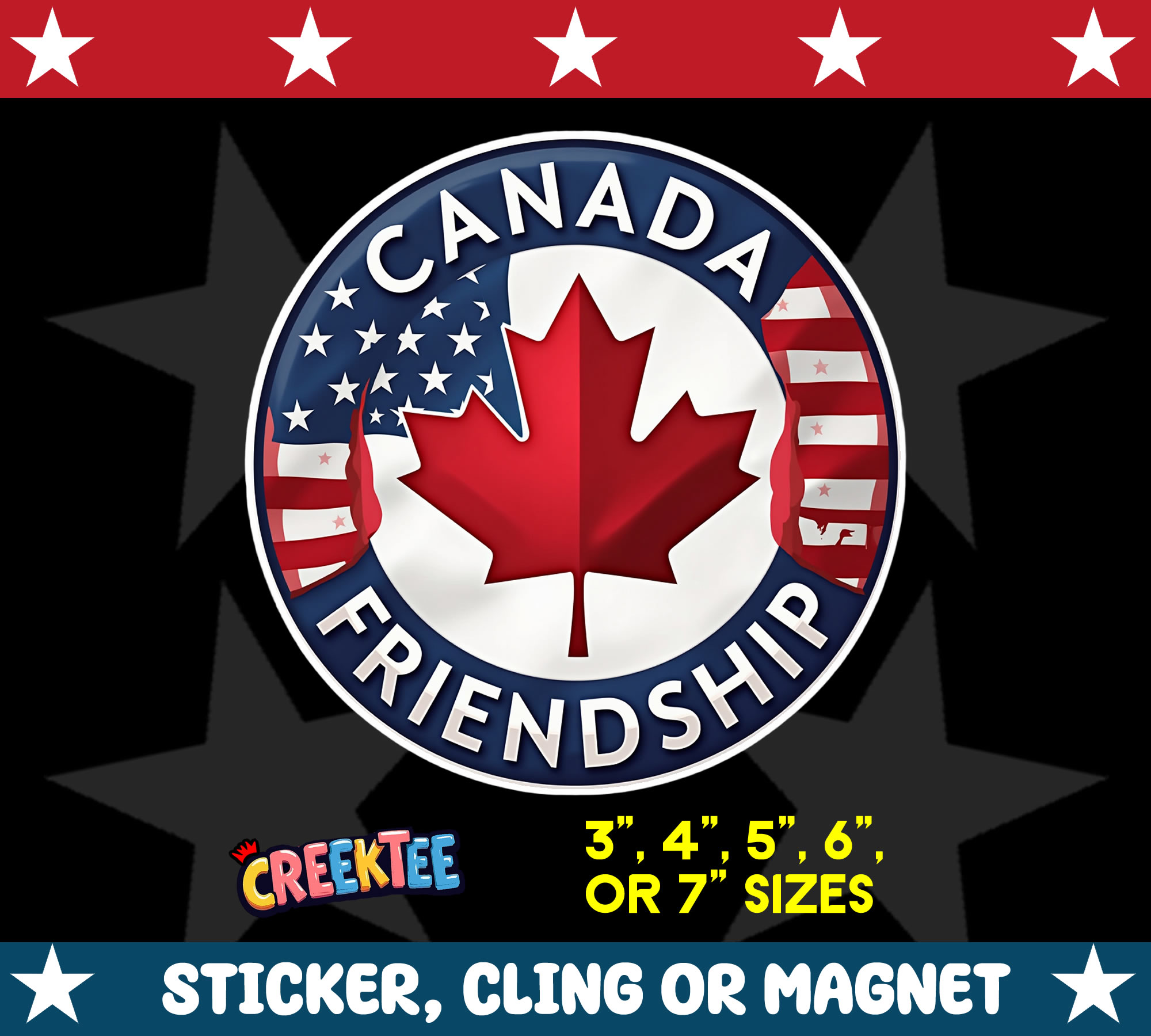 Canada   USA Friendship Die Cut Vinyl Sticker  Window Cling or Magnet with Laminate Coating in Various Sizes