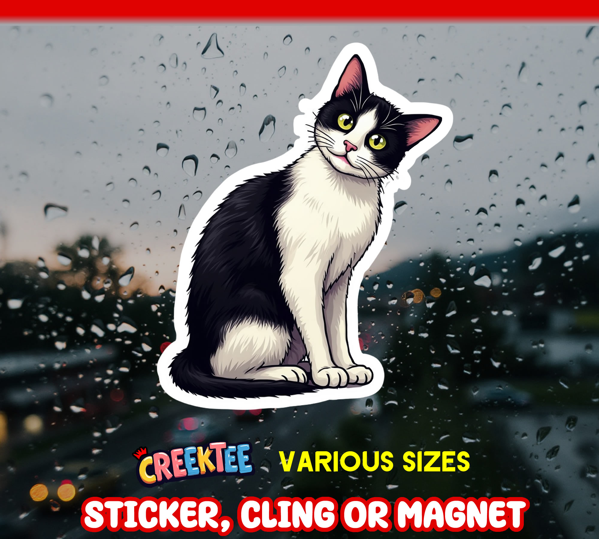 Black and White Cat Die Cut Vinyl Sticker  Window Cling or Magnet with Laminate Coating in Various Sizes