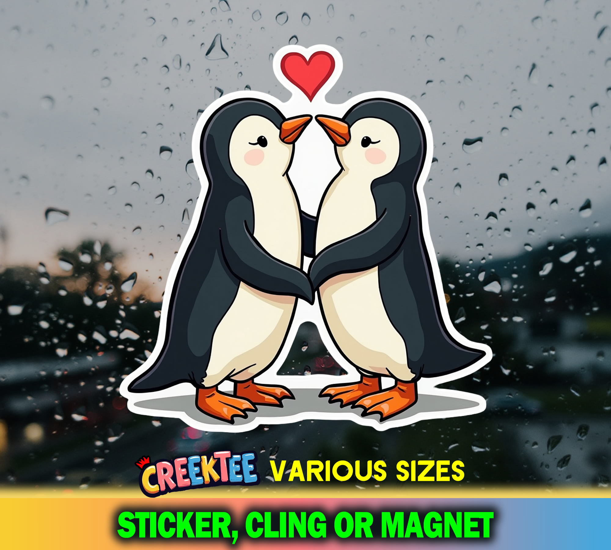 Penguin Love Die Cut Vinyl Sticker  Window Cling or Magnet with Laminate Coating in Various Sizes